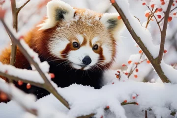 Keuken spatwand met foto Red panda in snow covered tree © Lubos Chlubny
