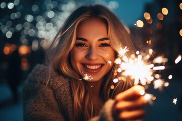 Young woman holding a sparkler in the Christmas season - Powered by Adobe