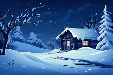 Fototapeta na wymiar vector illustration of a view of a small hut in the snow