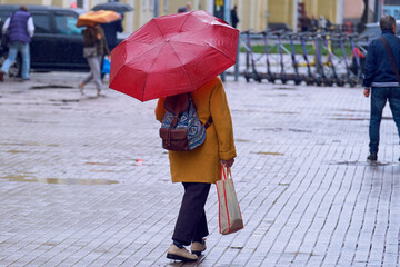 An adult woman walks down the street under an umbrella. It's raining, autumn cloudy day in the city.
