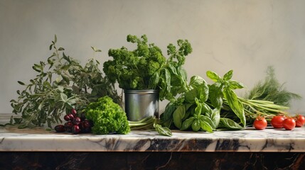 A still life of an assortment of fresh, leafy herbs, their delicate leaves gently rustling in a breeze, arranged on a gleaming marble countertop