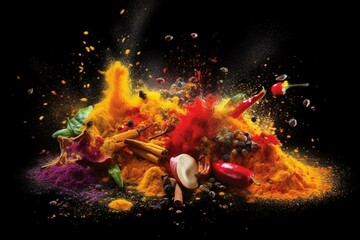 Colorful explosion of spices on black background. Generative AI - obrazy, fototapety, plakaty