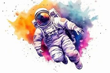 Abstract astronaut watercolor painting on white background with multicolor shading concept. Generative AI - obrazy, fototapety, plakaty