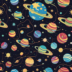 Seamless pattern of our solar system. Cartoon style. Repeatable image background. Generative AI.