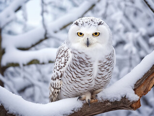 white owl sitting on branch with snow in winter forest