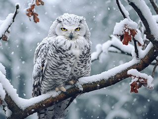 white owl sitting on branch with snow in winter forest
