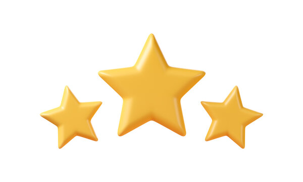 Three yellow stars glossy colors. Achievements for games. Customer rating feedback concept, satisfaction review service, best quality, ranking icon or feedback success sign. Rating star symbol
