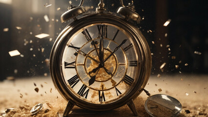 a shattered dusty clock, its shards flying everywhere, AI generated