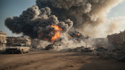 battlefield situation background, there are ruins of buildings, explosion, sand and damaged vehicles