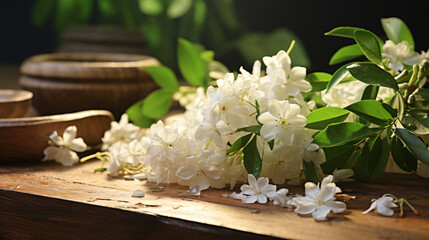 Jasmine flowers wooden aroma. Beauty nature
