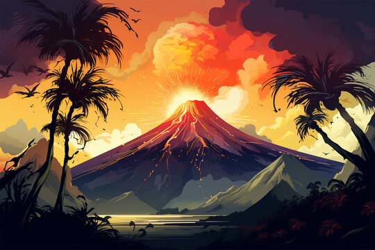 active volcano landscape vector illustration
