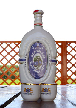 Plum p&aacute;linka of Szatm&aacute;r in Holl&oacute;h&aacute;zi pocelain bottle. In Hungary, only 8 local fruit spirit variations are referred to as p&aacute;linka with protected designations of origin. Date: 19.06.2016