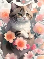 Cute  cat and pastel flowers,  ai generative