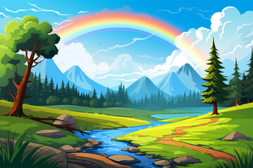 Fototapeta na wymiar vector illustration of a rainbow view in the village