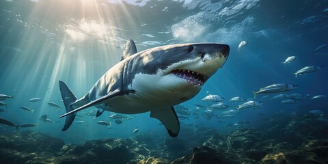 a image great white shark underwater with beautiful view, AI Generative