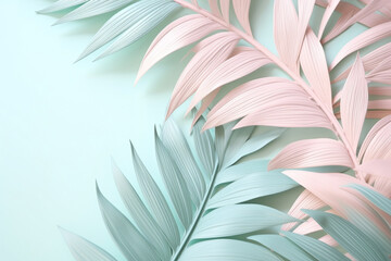Pastel Colors and Tropical Leaves. Minimalist Nature Background.Created with Generative AI technology.