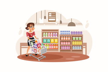 Obraz na płótnie Canvas Young Woman shopping at supermarket Vector Illustration