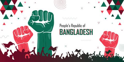 People cheer for Bangladesh, nation flag color combination patriot banner, geometric abstract background, raised fist, human hand, national celebration, strike, parade, riot, protest or rally