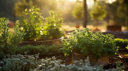 A tranquil herb garden, its fragrant basil, rosemary, and thyme plants bathed in the soft glow of a late afternoon sun, ready for harvest - obrazy, fototapety, plakaty