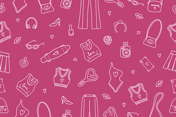 Seamless fashionable pink patterns in Barbicore style. . Vector illustration