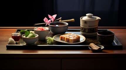 A tranquil Japanese breakfast tableau, with a lacquered tray displaying meticulously arranged portions of tamagoyaki, pickled radishes, and a steaming bowl of miso soup, with a backdrop of bamboo