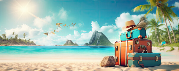 Suitcase with travel vacation accessories on the tropical beach. Travel concpet.