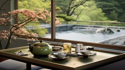 A tranquil Japanese teahouse setting, featuring a lacquered tray with perfectly arranged servings of matcha tea, delicate wagashi sweets, and a serene view of a Japanese garden - obrazy, fototapety, plakaty