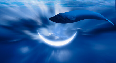 Blue whale floating above the clouds Crescent moon in the background