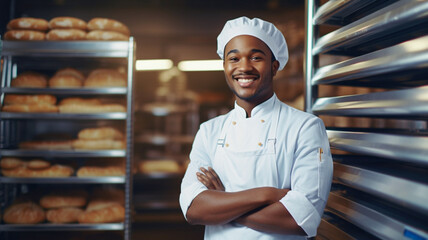 Portrait of african american male baker standing at workplace on baking manufacture.

