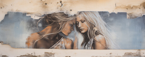 Two woman graffiti painted on wall. Vector graphic fashion, Sprayed lady cartoon art style on...