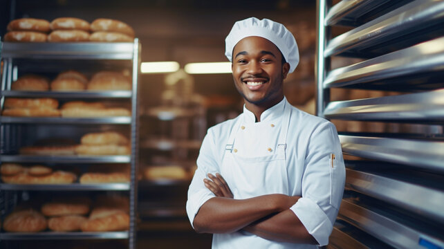 Portrait of african american male baker standing at workplace on baking manufacture.

