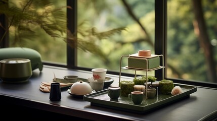 A tranquil Japanese teahouse setting, featuring a lacquered tray with perfectly arranged servings of matcha tea, delicate wagashi sweets, and a serene view of a Japanese garden - obrazy, fototapety, plakaty
