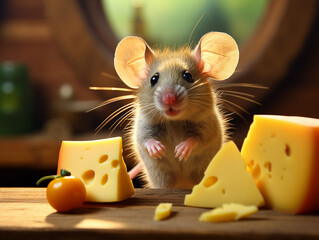 Cute little mouse sitting on table and eating cheese