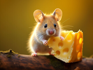 Cute mouse enjoying a piece of cheese,