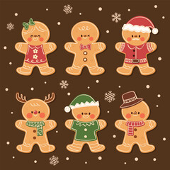 Gingerbread characters collection. Christmas cookies set. Xmas biscuits with sweet sugar glaze. Festive Holiday bakery and dessert. Flat cartoon style vector illustration