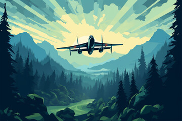 vector illustration of a view of a fighter plane passing through the air - obrazy, fototapety, plakaty
