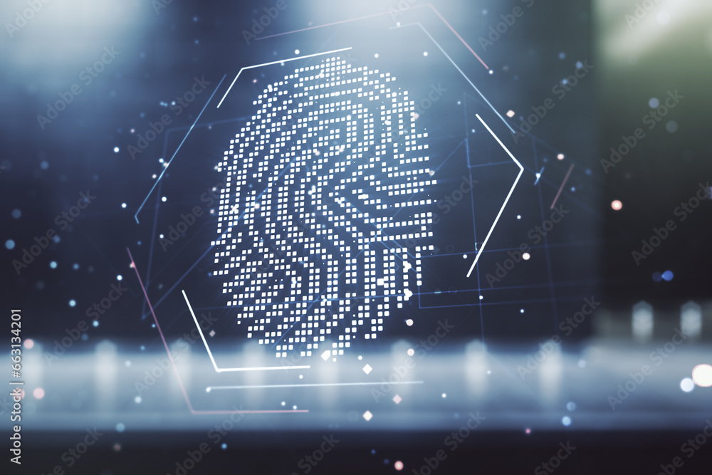 Poster multi exposure of virtual abstract fingerprint illustration on blurry modern office building backgro