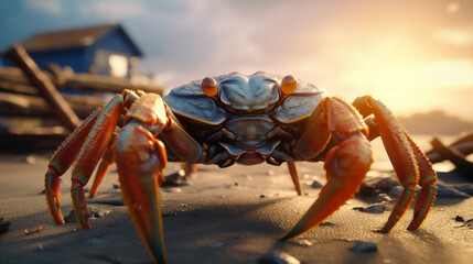 crab on the beach at sunset