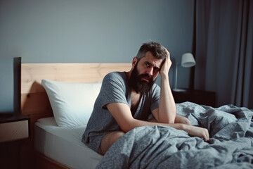 Mann sitzt wach und unausgeschlafen in seinem Bett - obrazy, fototapety, plakaty