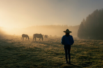 Woman in nature in meadow sunset with mist golden light, back with straw hat, subject in the...