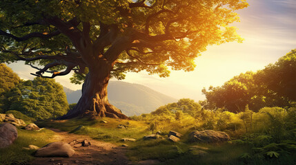 Summer or autumn nature background; big old oak tree against sunlight