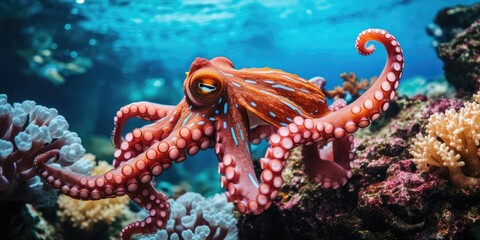 a beautiful giant octopus around beautiful colorful coral, AI Generative - obrazy, fototapety, plakaty