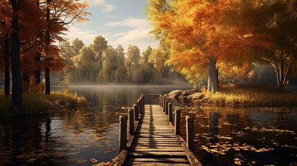 A tranquil pond reflecting the golden hues of autumn trees, with a wooden pier extending into the...