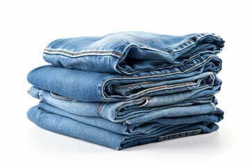 A stack of blue denim jeans isolated on a white background