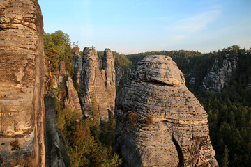 Fototapeta premium Elbe Sandstone Mountains at sunrise-Bastei Saxon Switzerland, Germany