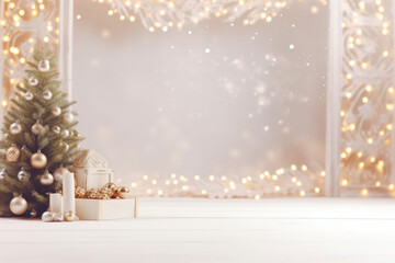 Beautiful Christmas room with decorated Christmas tree, warm lights and garlands.Christmas Background with copy space. Generative Ai
