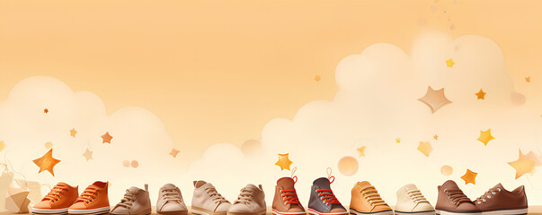 a lot of children's shoes stand in a row, brown background with stars. Place for text, copy space. Web banner design concept for children's shoe store, sale