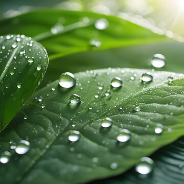 The sunlight on the leaves causes the water droplets to sparkle,generative AI.