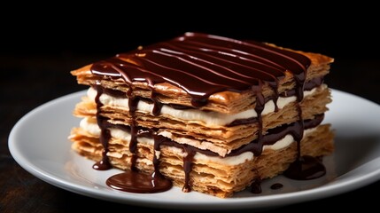 chocolate mille-feuille, highlighting its flaky layers and silky glaze