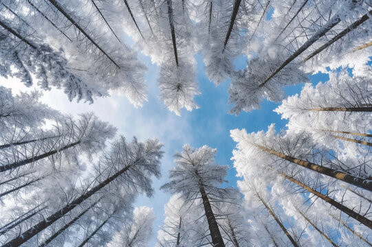 Snow-covered fir trees view from below